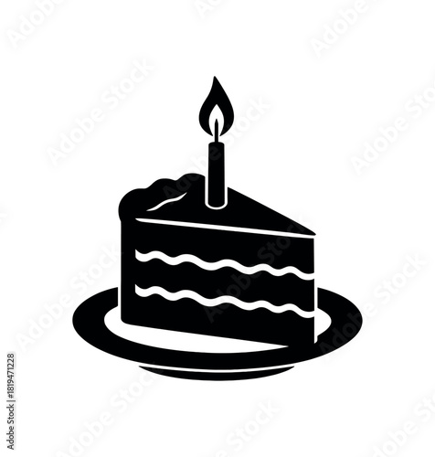 Cake slice with candle on plate black silhouette with frosting and flame lines birthday treat detail