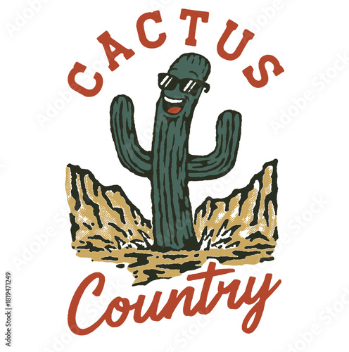 Vintage "Cactus Country" illustration. Retro desert landscape with saguaro, barrel, and prickly pear cacti. Hand-drawn nature vector for travel and apparel design.