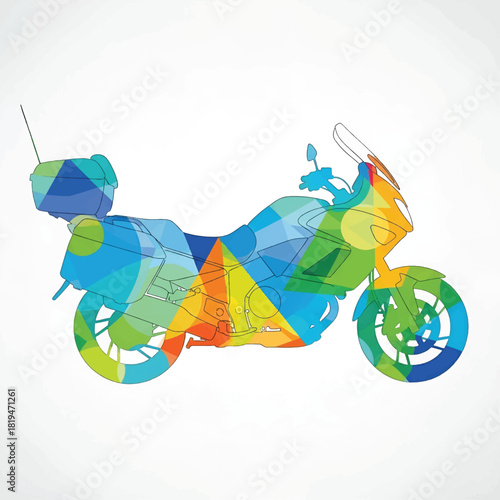 Colorful geometric abstract illustration of a touring motorcycle with a top case, rendered in a vibrant polygonal style on a white background.