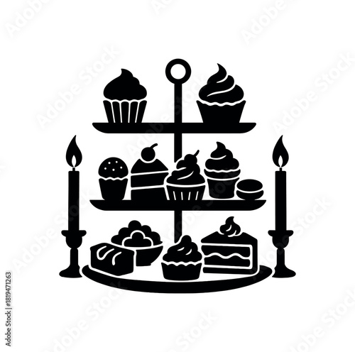 Dessert stand with treats and candles black silhouette with tray and flame lines event sweets visual