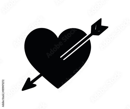 Cupid arrow through heart black silhouette with curve and tip line details flat valentines icon