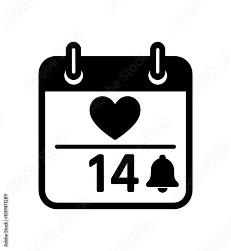 Calendar page marked 14 black silhouette with heart and date line accents holiday reminder icon