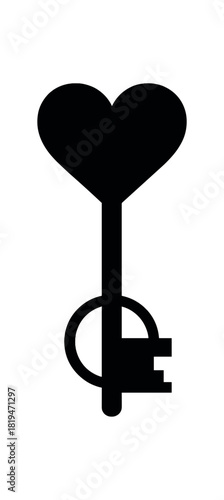Key with heartshaped head black silhouette with tooth and ring line accents love symbol visual