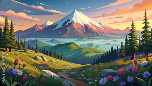 Very beautiful morning view of Jefferson Park in the Mt. Jefferson Wilderness, Oregon, featuring alpine meadows, wildflowers, and the majestic snow-capped peak of Mt. Jefferson under soft morning ligh