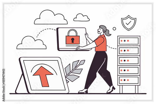 Cloud Storage Illustration Set Secure Data Backup, Cloud Computing, File Management Vector