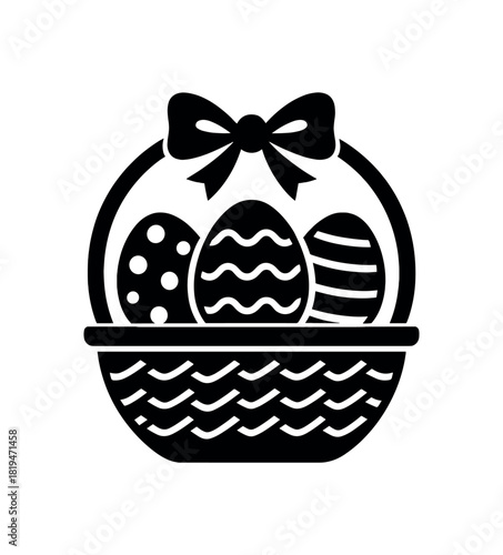 Basket with decorated eggs black silhouette with weave and bow line details traditional easter icon