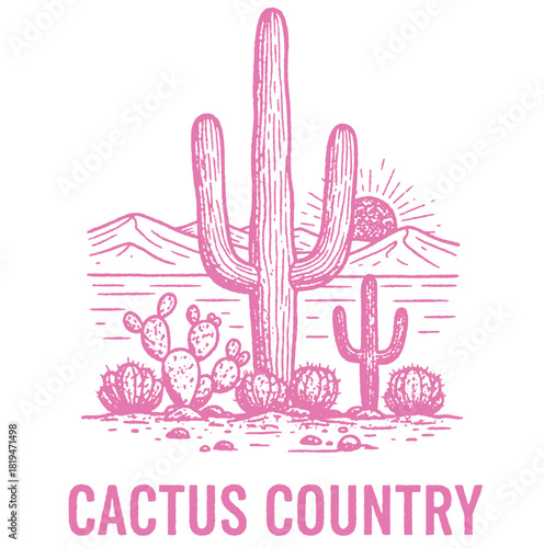 Vintage "Cactus Country" illustration. Retro desert landscape with saguaro, barrel, and prickly pear cacti. Hand-drawn nature vector for travel and apparel design.