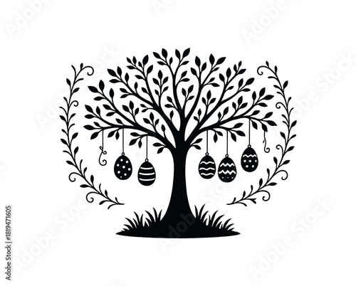 Spring tree with hanging eggs black silhouette with branch and decor line accents garden celebration symbol