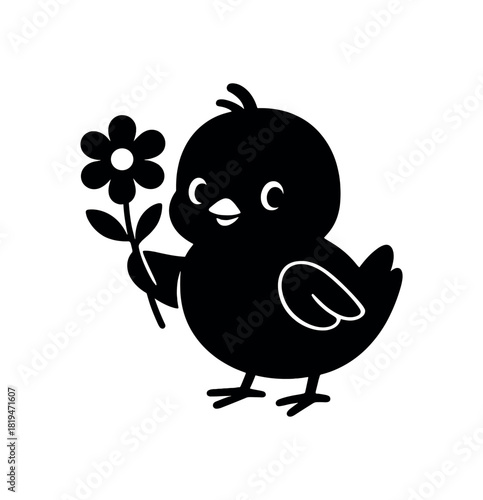 holding flower black silhouette with petal and wing line accents adorable spring character