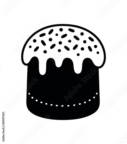 Easter bun with glaze and sprinkles black silhouette with icing and dot line details traditional treat