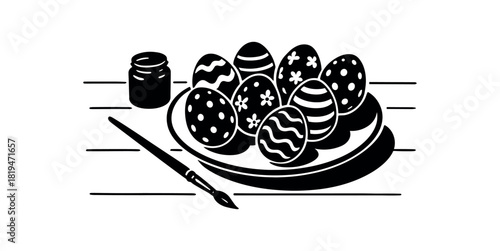 Table with dyed eggs and brush black silhouette with dish and tool lines easter art scene