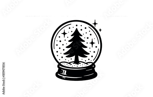 Snow globe with tree inside black silhouette with glass and sparkle lines cozy holiday keepsake