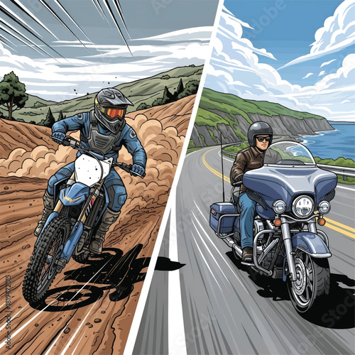 Motorcycle Riding Split Screen: Dual Illustration of Off-Road Dirt Biker on Rough Terrain vs. Cruiser Rider on Coastal Highway. Adventure and Touring Concept.