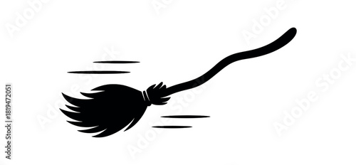 Broomstick with flying motion lines black silhouette with bristle and handle curves halloween flight symbol