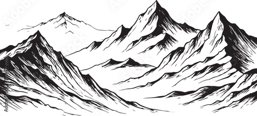 Mountain landscape black and white vector illustration with nature and animals