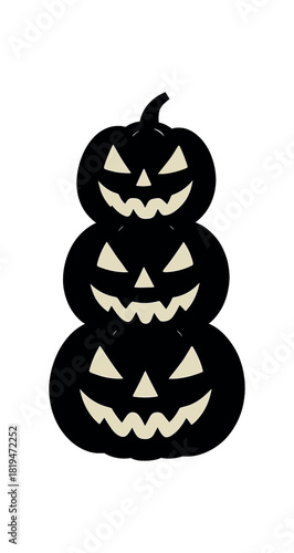 Jackolantern stack of three black silhouette with face and stem lines festive pumpkin tower