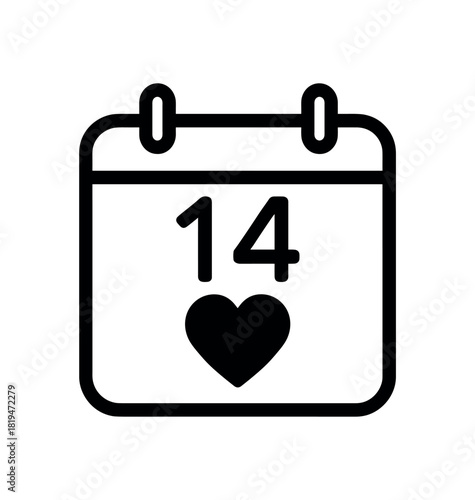 Calendar marked with heart black silhouette with date and symbol lines special holiday reminder