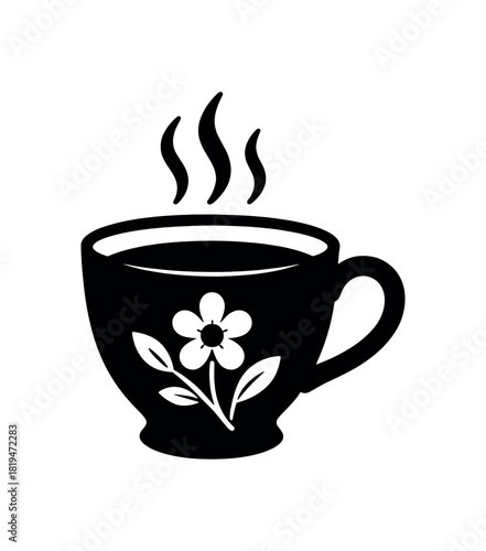 Tea cup with steam and flower detail black silhouette with handle and curve lines cozy moment icon