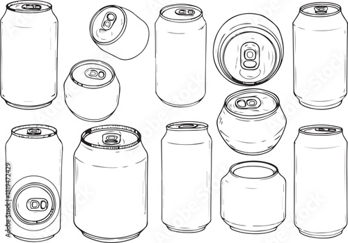 set of soda cans and transparent glass containers isolated on white background