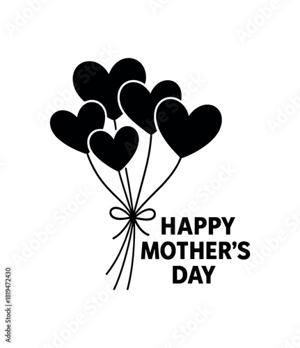 Heart balloon bouquet black silhouette with string and shape lines cheerful mother day mood
