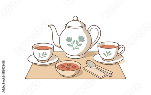 Flat vector georgian tea table: porcelain teapot cups jam dish spoon linen napkin pastel palette clean outlines minimal centered isolated on white no logos