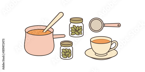 Flat vector pakistani doodh pati: pot ladle spice jar strainer porcelain cup and saucer pastel palette clean outlines minimal centered isolated on white no logos