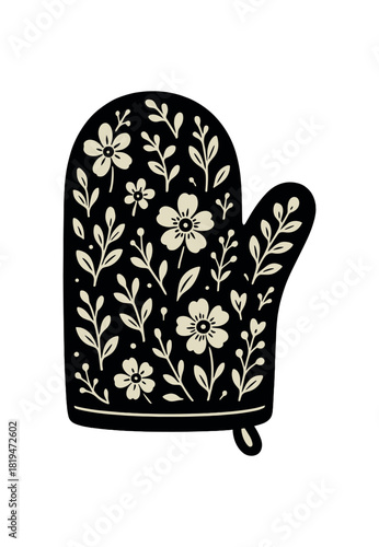 Cooking mitten with floral print black silhouette with thumb and decor lines home comfort symbol