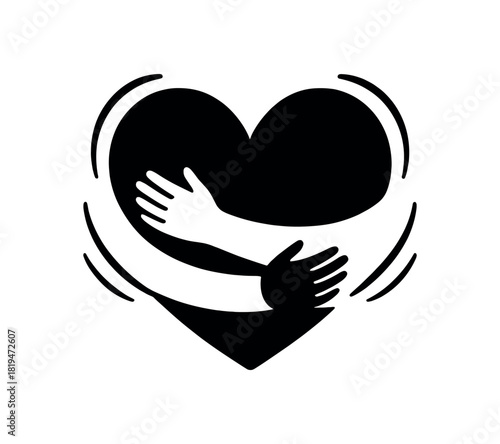 Hugging arms around heart black silhouette with embrace and curve lines unconditional love symbol