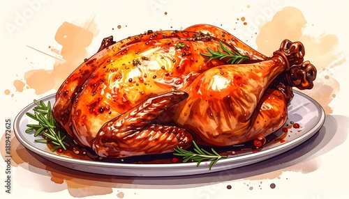 Roasted chicken, herbs, and spices on a white plate, watercolor style