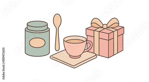 Flat vector tea gift set: tea caddy spoon porcelain cup cloth gift box with ribbon pastel palette clean outlines minimal centered isolated on white no logos