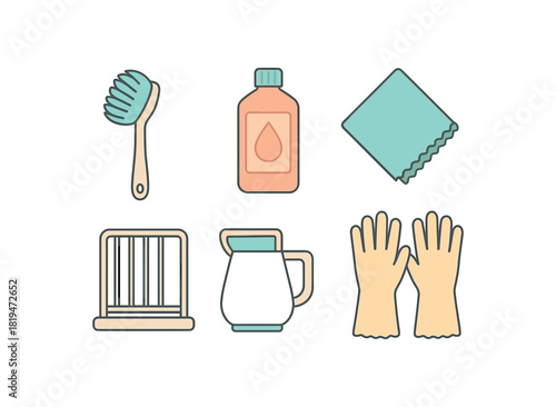 Flat vector teaware cleaning: soft brush descaler bottle microfiber cloth drying rack gloves pastel palette clean outlines minimal centered isolated on white no logos