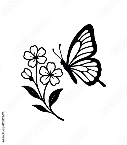 Butterfly on flower sprig black silhouette with wing and bloom lines springtime joy visual