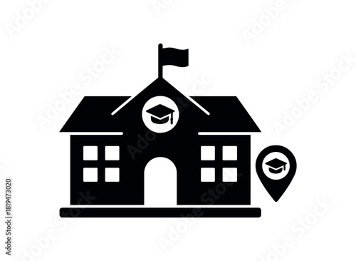School building with flag black silhouette with roof and pole lines graduation location symbol