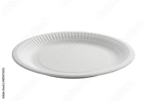An empty, perfectly round white paper plate with a subtle, finely ridged rim, angled to showcase depth, isolated on a pristine transparent background with copy space, soft shadow, concept of simple