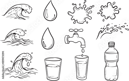 Hand drawn vector illustration of bottles and drinks icon set