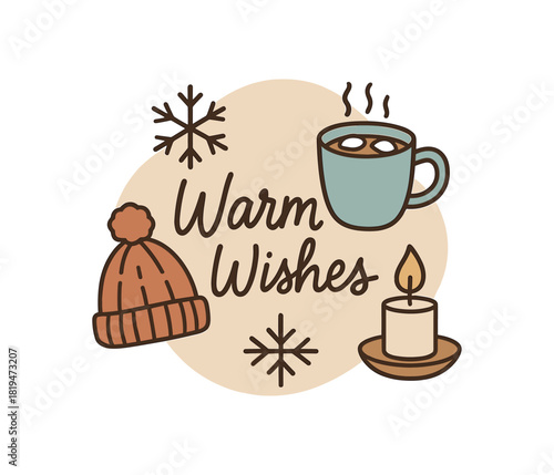 Handwritten Warm Wishes with mug of cocoa knit hat candle and snowflake flat vector simple lines minimal isolated abstract blob centered layout no extra captions