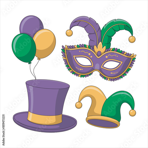Group of colorful balloons, masks, and hats symbolizes festive celebration on a transparent background