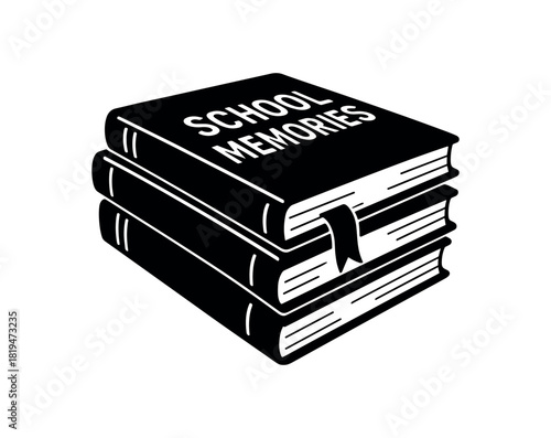 Stacked yearbooks with bookmark black silhouette with spine and tag lines school memories detail