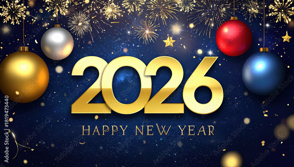 Naklejka premium Festive New Year 2026 celebration with golden numbers, colorful ornaments, and fireworks on starry night background. Joyful and vibrant atmosphere