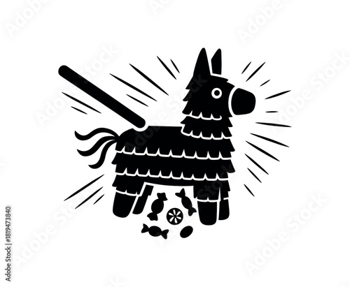 Pinata with stick and candy inside black silhouette with motion and detail lines festive game symbol