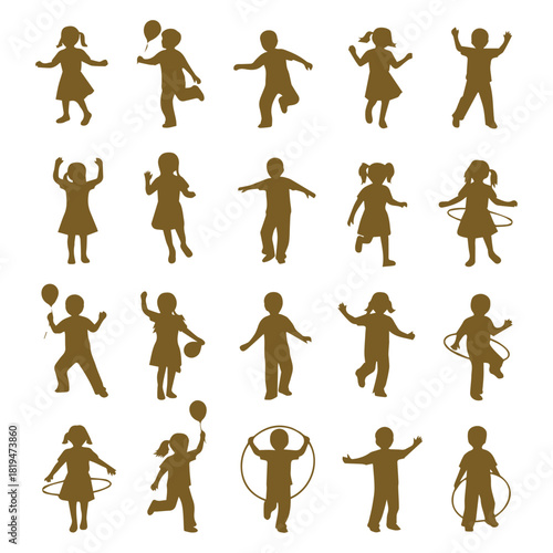 Silhouettes of children playing and having fun in various activities