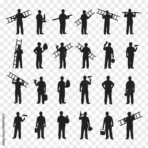 Silhouettes of diverse handyman workers in various action poses for design