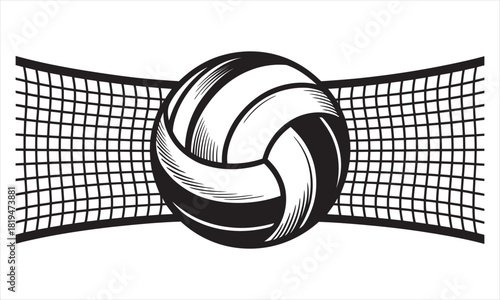 Monochrome shows detailed volleyball crossing the dark net in a stylized way