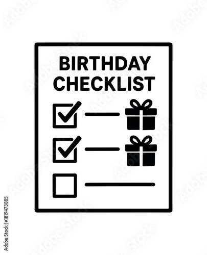 Birthday checklist with gifts marked black silhouette with tick and list lines organized holiday prep