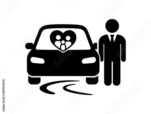 with heart and family black silhouette with wheel and curve lines provider and driver icon
