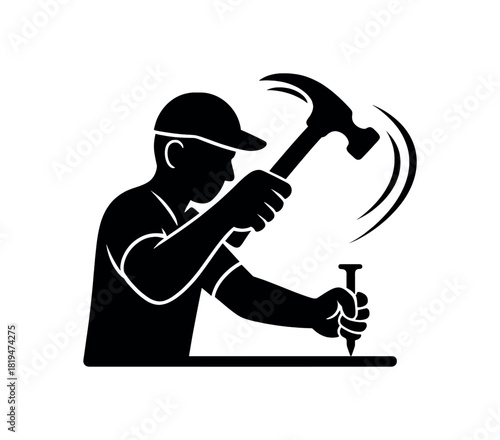 Hammer striking nail black silhouette with motion and curve lines building and fixing dad icon