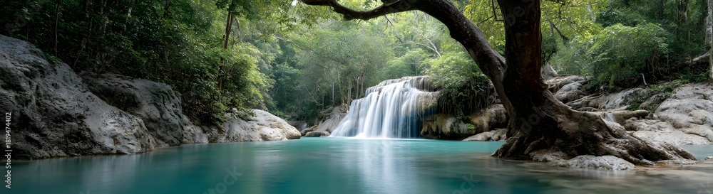 Fototapeta premium A beautiful panoramic view of a waterfall in a tropical jungle forest with a crystal clear pool