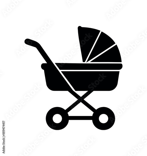 Stroller with canopy and wheels black silhouette with handle and structure lines newborn transport icon