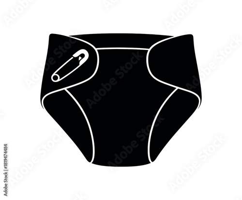 Diaper with safety pin black silhouette with fold and closure lines infant care item visual
