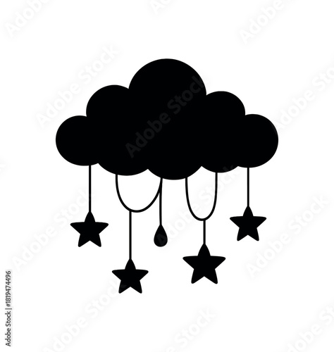 Cloud with hanging stars black silhouette with drop and curve lines dreamy nursery decor element